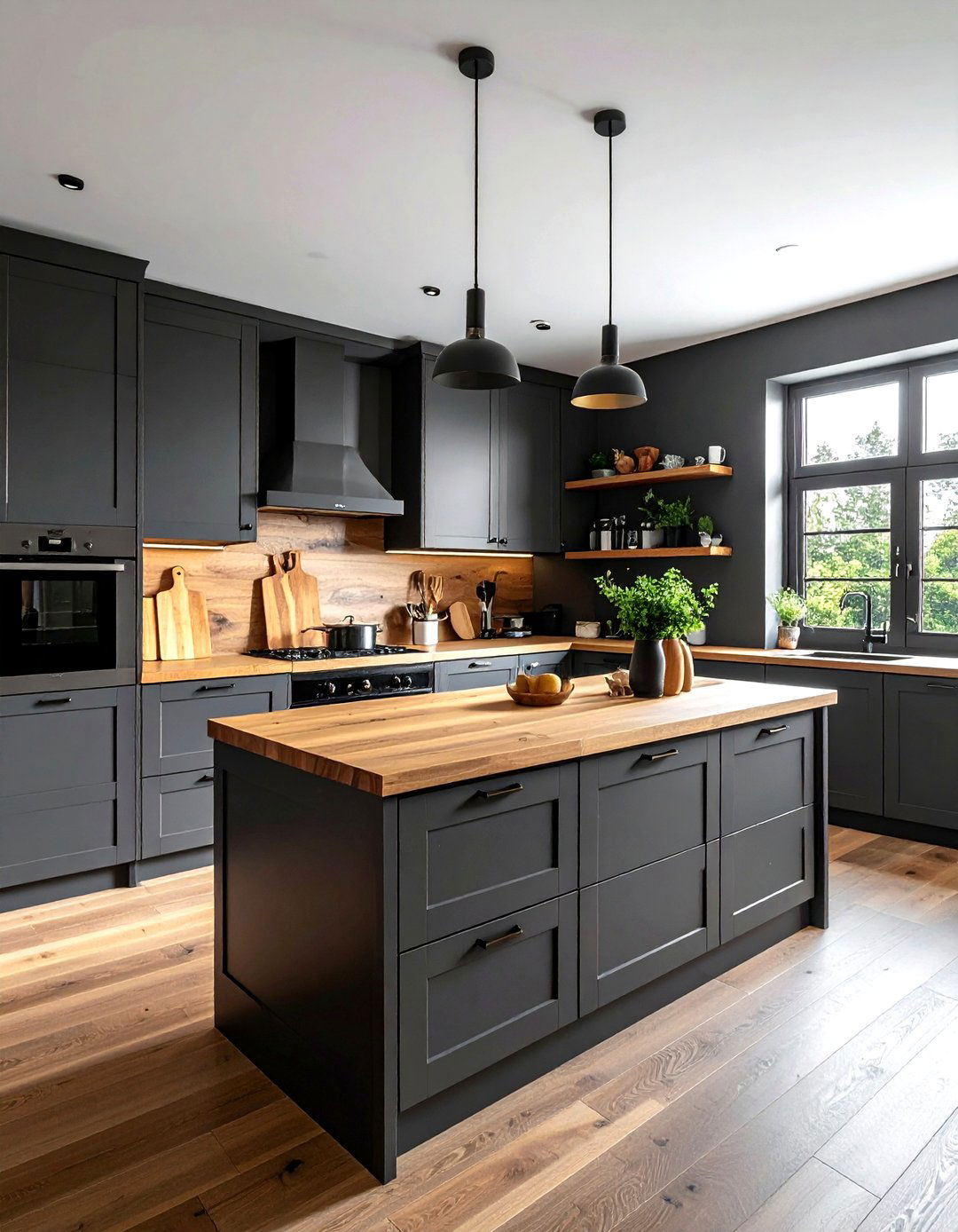 Dark grey kitchen with wood accents - 30 grey kitchen accessories ideas