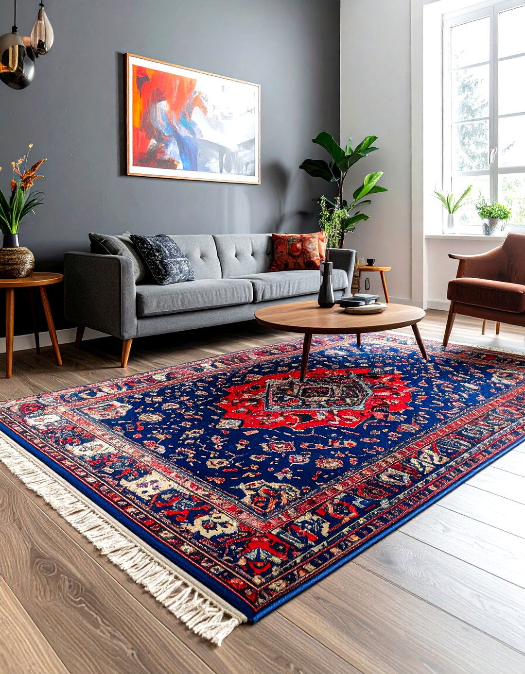 Dark grey living room colorful rug - 30 dark charcoal living room ideas