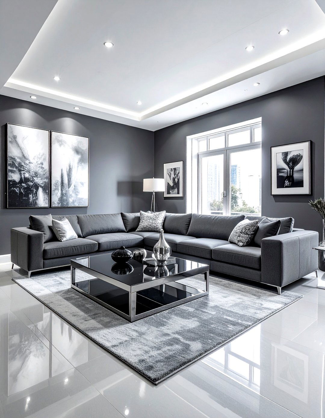 Dark grey living room metallic decor - 30 dark charcoal living room ideas