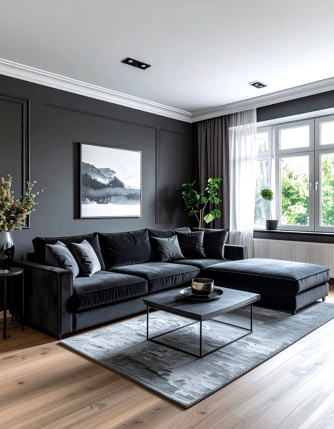 Dark grey living room velvet sofa - 30 dark charcoal living room ideas