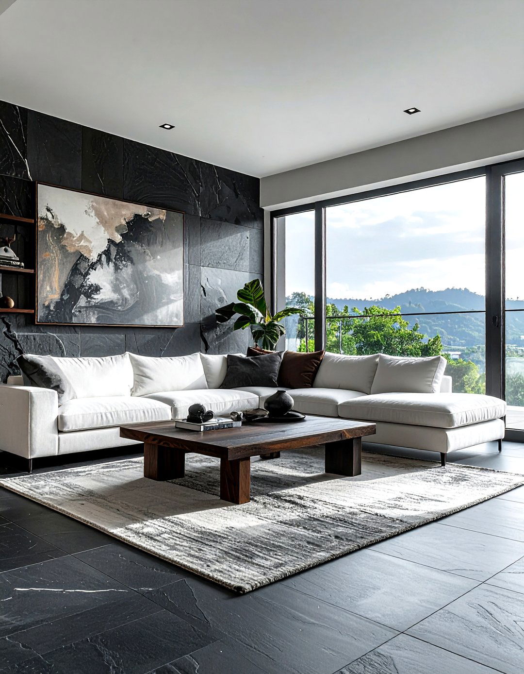 Dark grey stone tile - 30 living room tile ideas