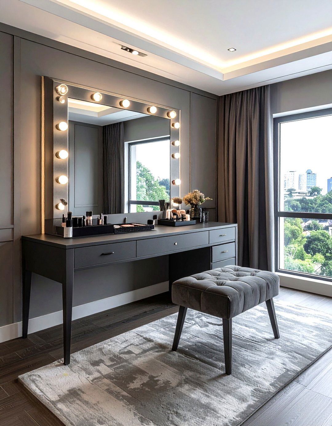 Dark grey vanity table - 30 grey bedroom furniture ideas