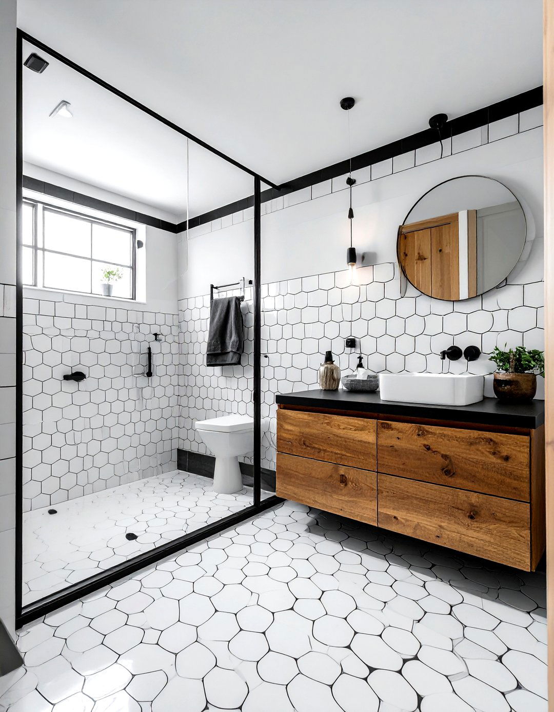 Dark grout white penny tile - 30 small tile bathroom ideas
