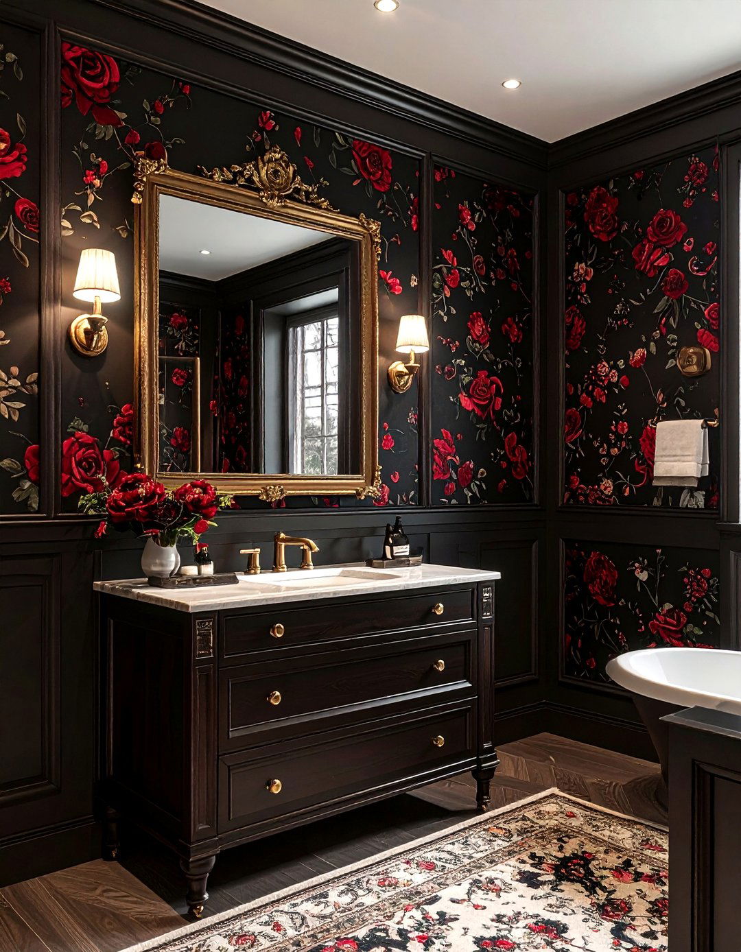 Dark moody floral wallpaper - 30 powder room wallpaper ideas