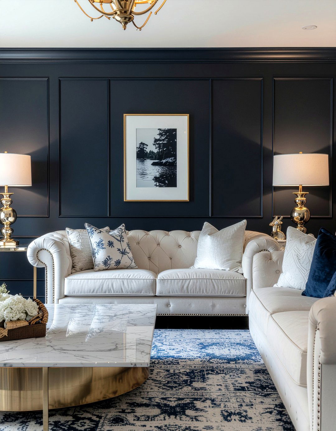 Dark navy beadboard accent wall - 30 living room beadboard ideas