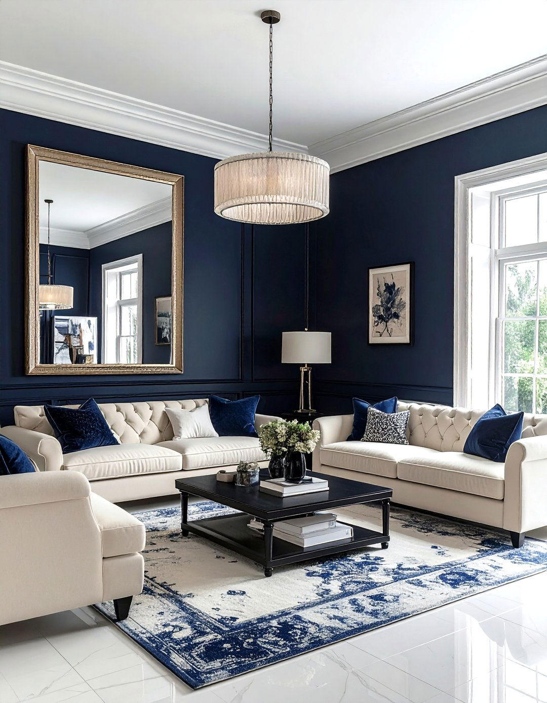 Dark navy walls with light furniture - 30 contemporary navy living room ideas