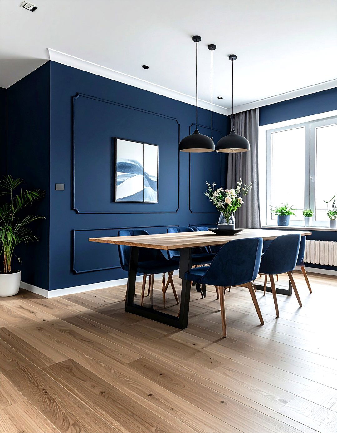 Dark navy walls with light wood floor - 30 navy dining room design ideas