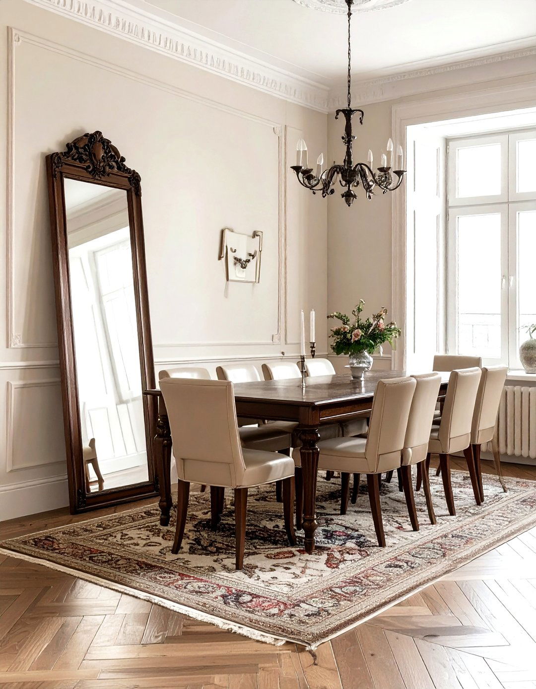 Dark oak floor mirror - 30 leaning mirror dining room ideas