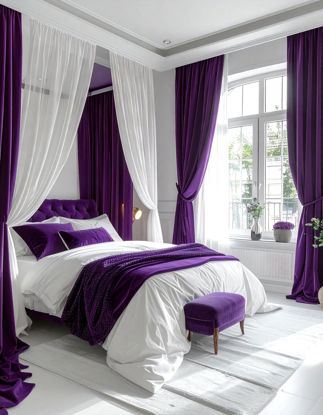 Dark purple and white curtains - 30 purple and white bedroom ideas