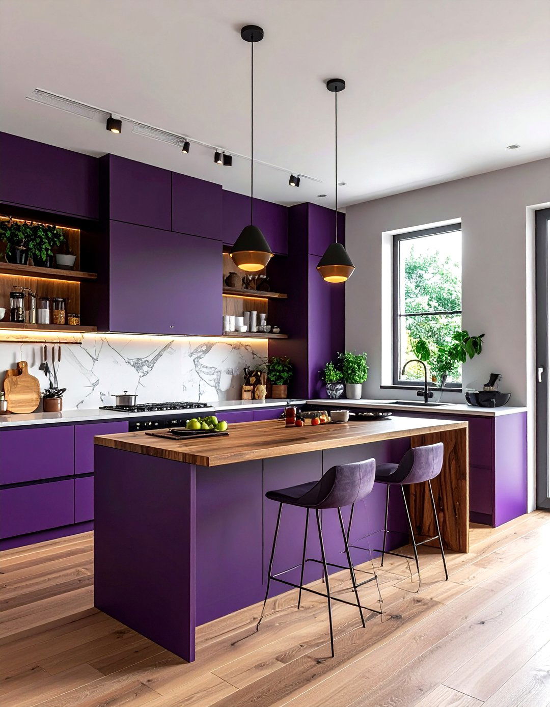 Dark purple and wood kitchen - 30 purple kitchen color schemes