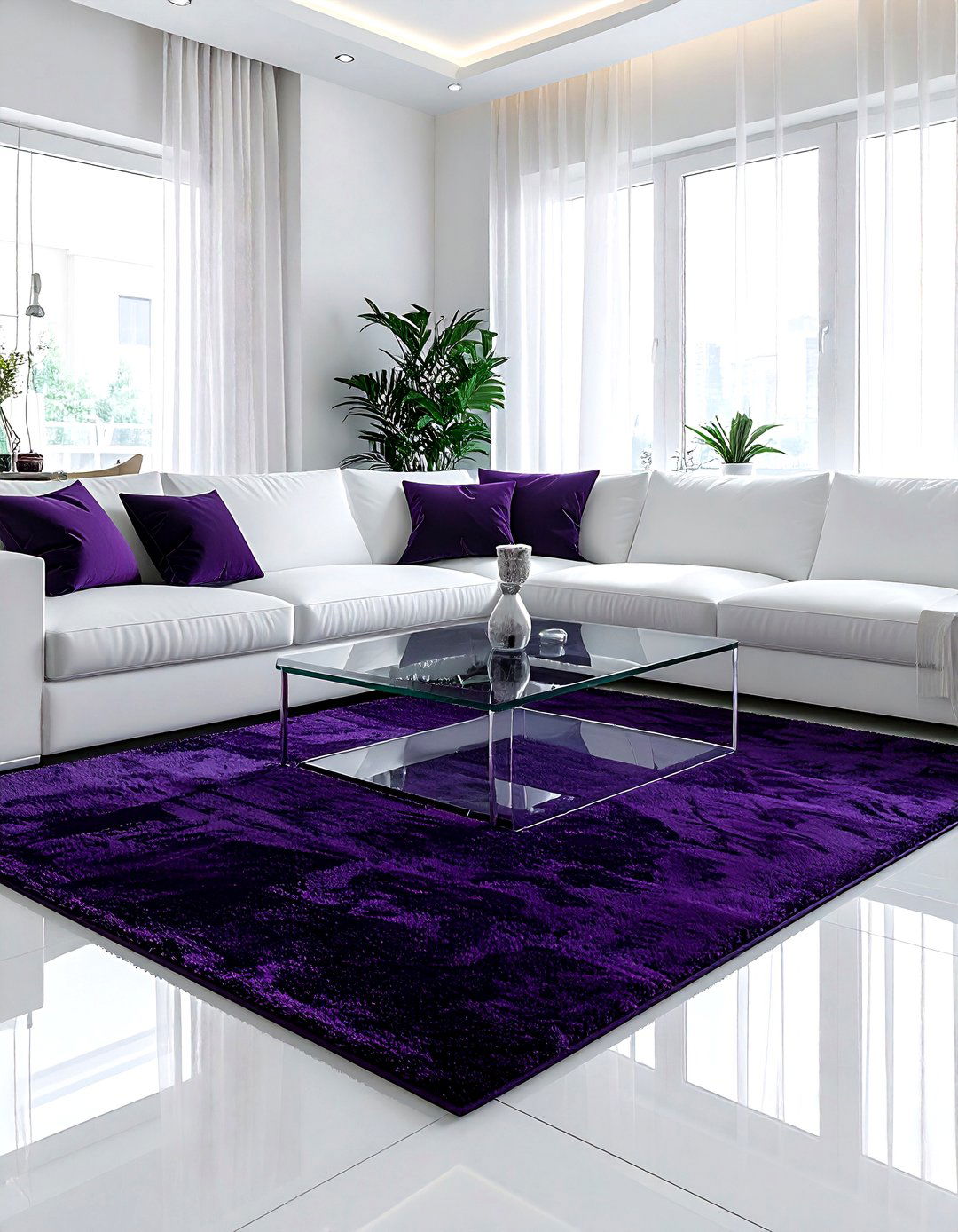 Dark purple rug - 30 purple and white living room ideas