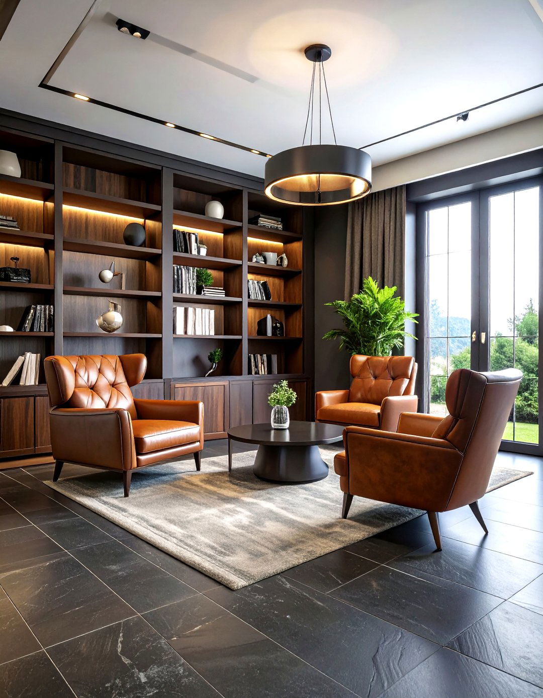 Dark slate floor tile - 30 living room tile designs