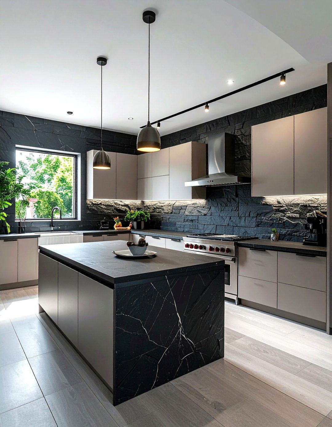 Dark slate kitchen accent wall - 30 kitchen stone wall ideas