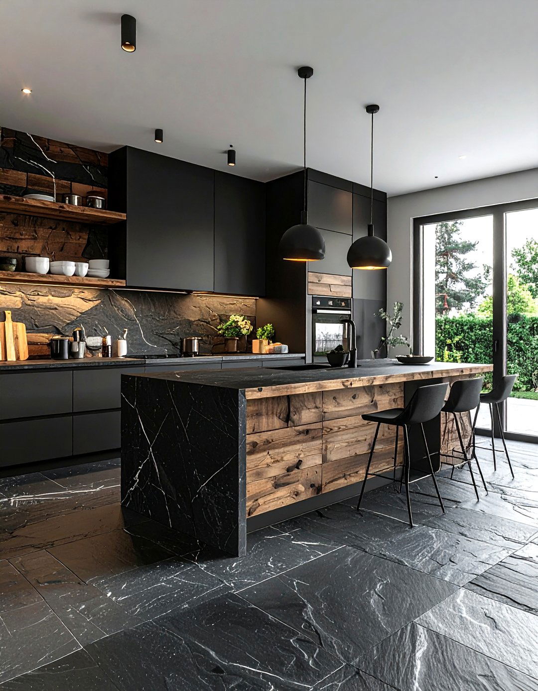 Dark slate kitchen - 30 natural stone floor kitchen ideas