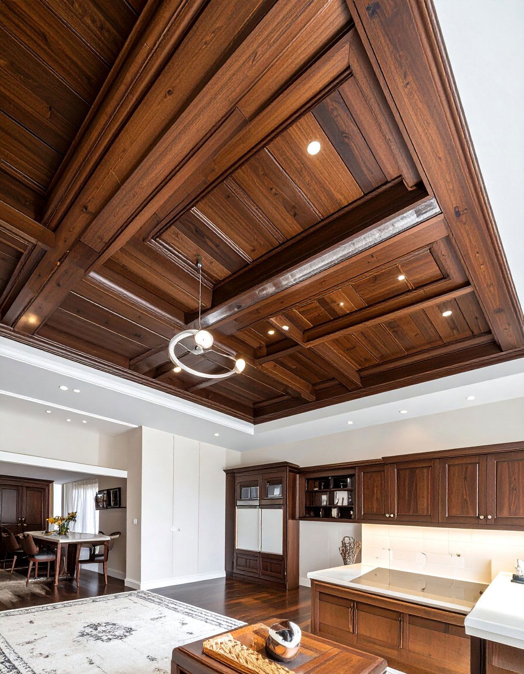 Dark stained wood ceiling - 30 wood ceiling bathroom ideas