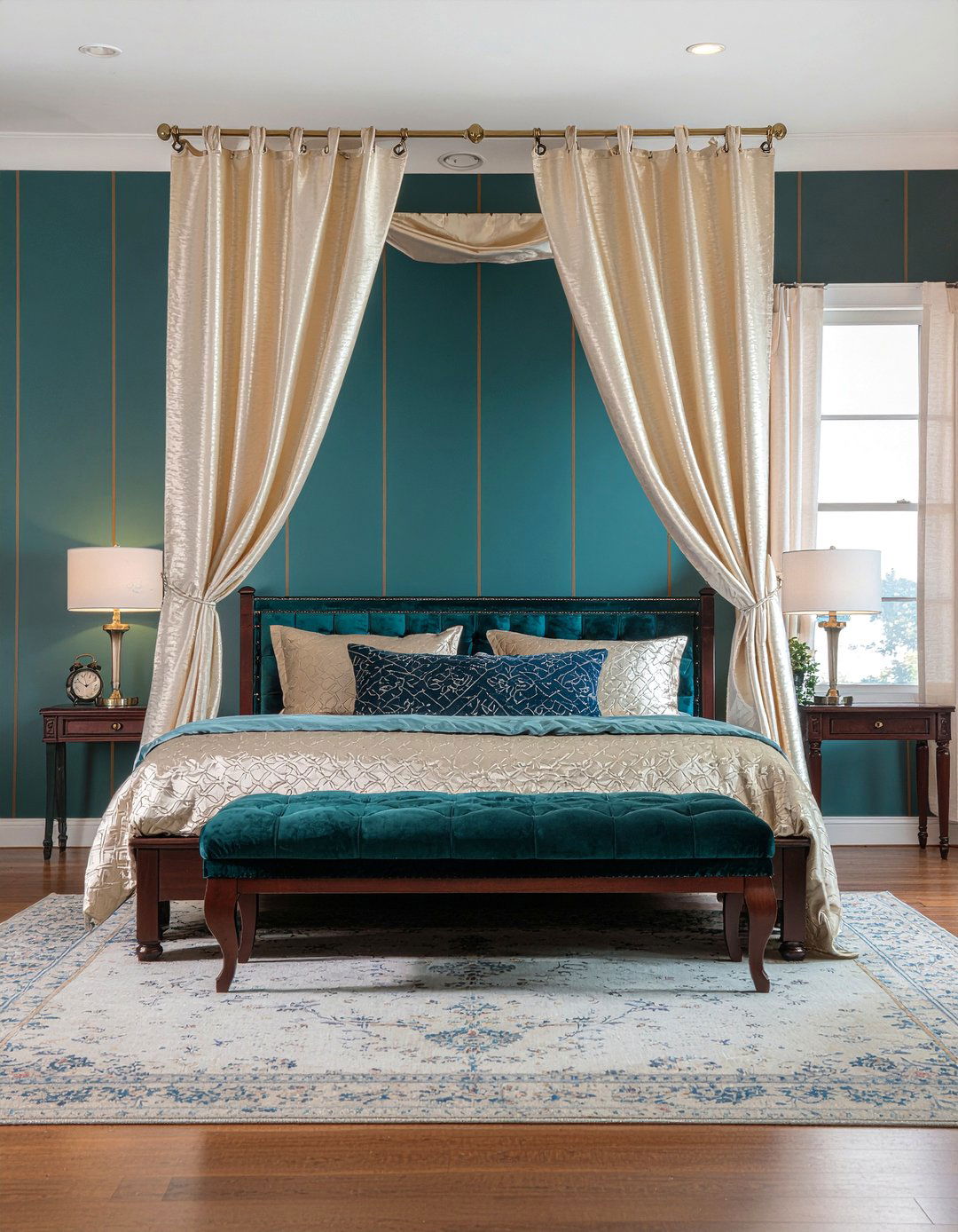 Dark teal and gold stripe wallpaper - 30 bedroom striped wallpapers