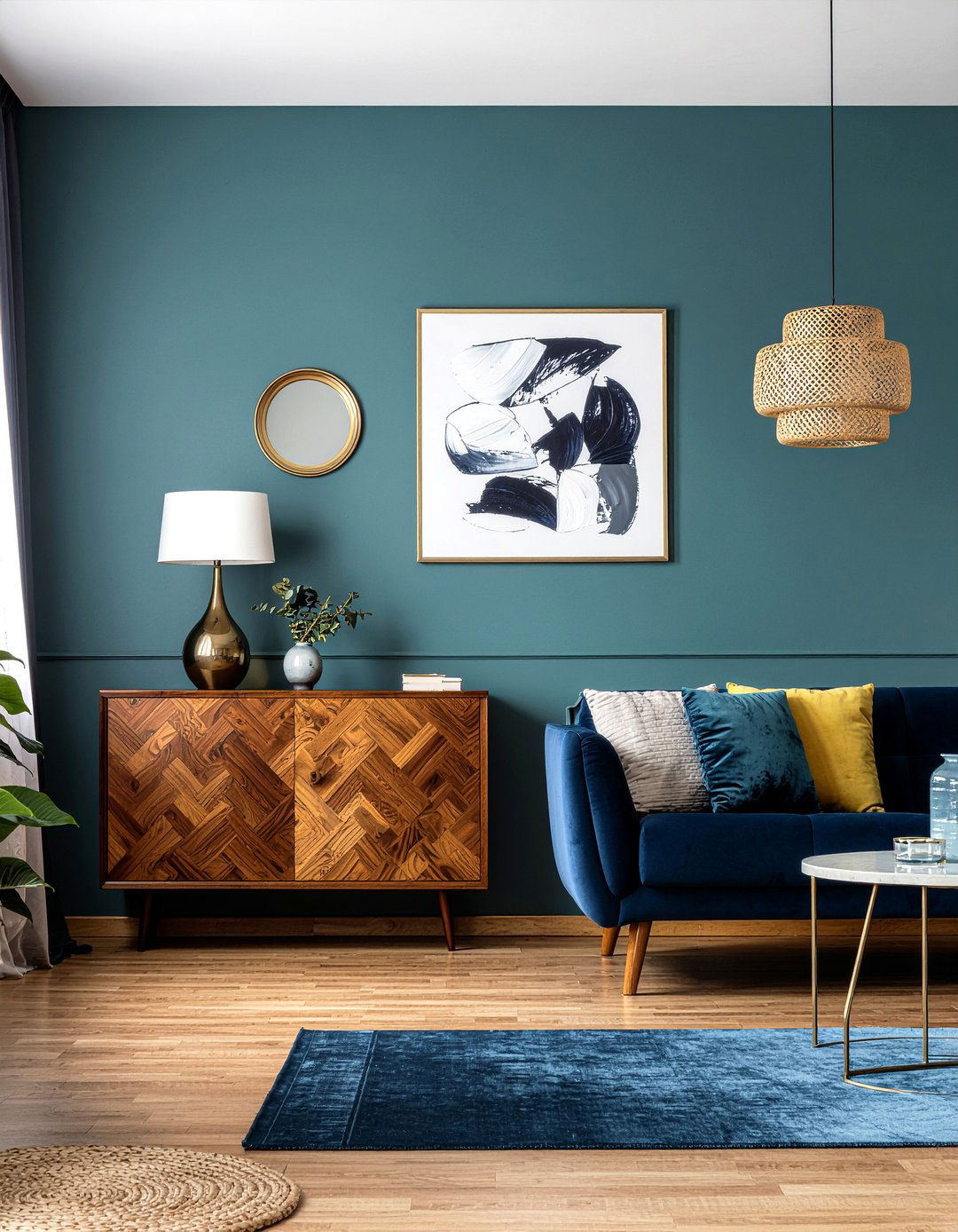 Dark teal walls - 30 mid-century glam living room ideas