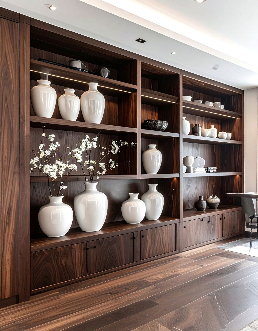 Dark walnut shelf - 30 dining room wall shelving ideas