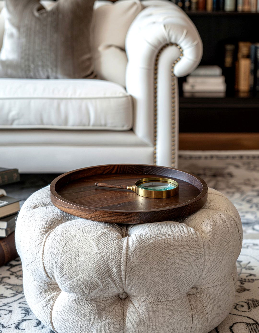 Dark walnut tray on cream ottoman - 30 living room tray ottoman ideas