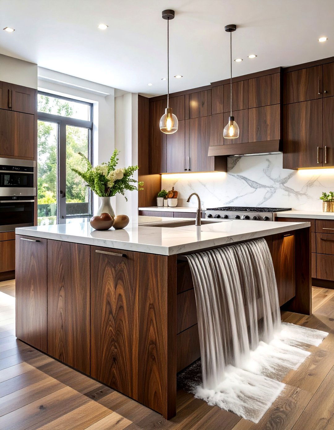 Dark walnut waterfall countertop - 30 waterfall countertop kitchen ideas