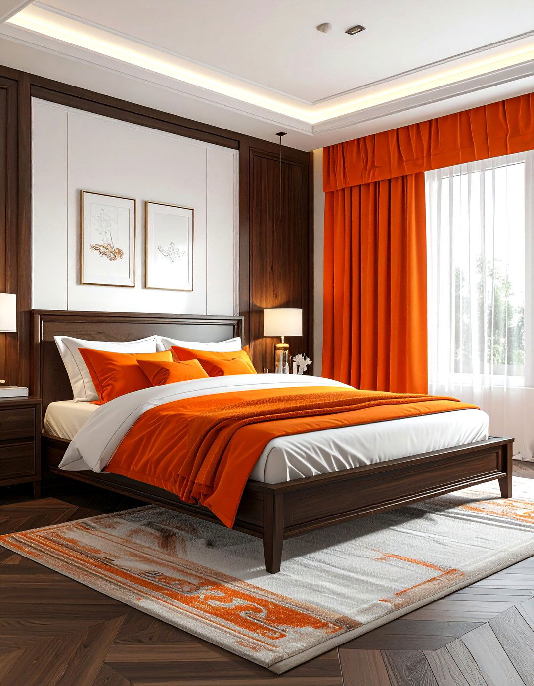 Dark wood and orange bedroom - 30 orange and white bedroom ideas