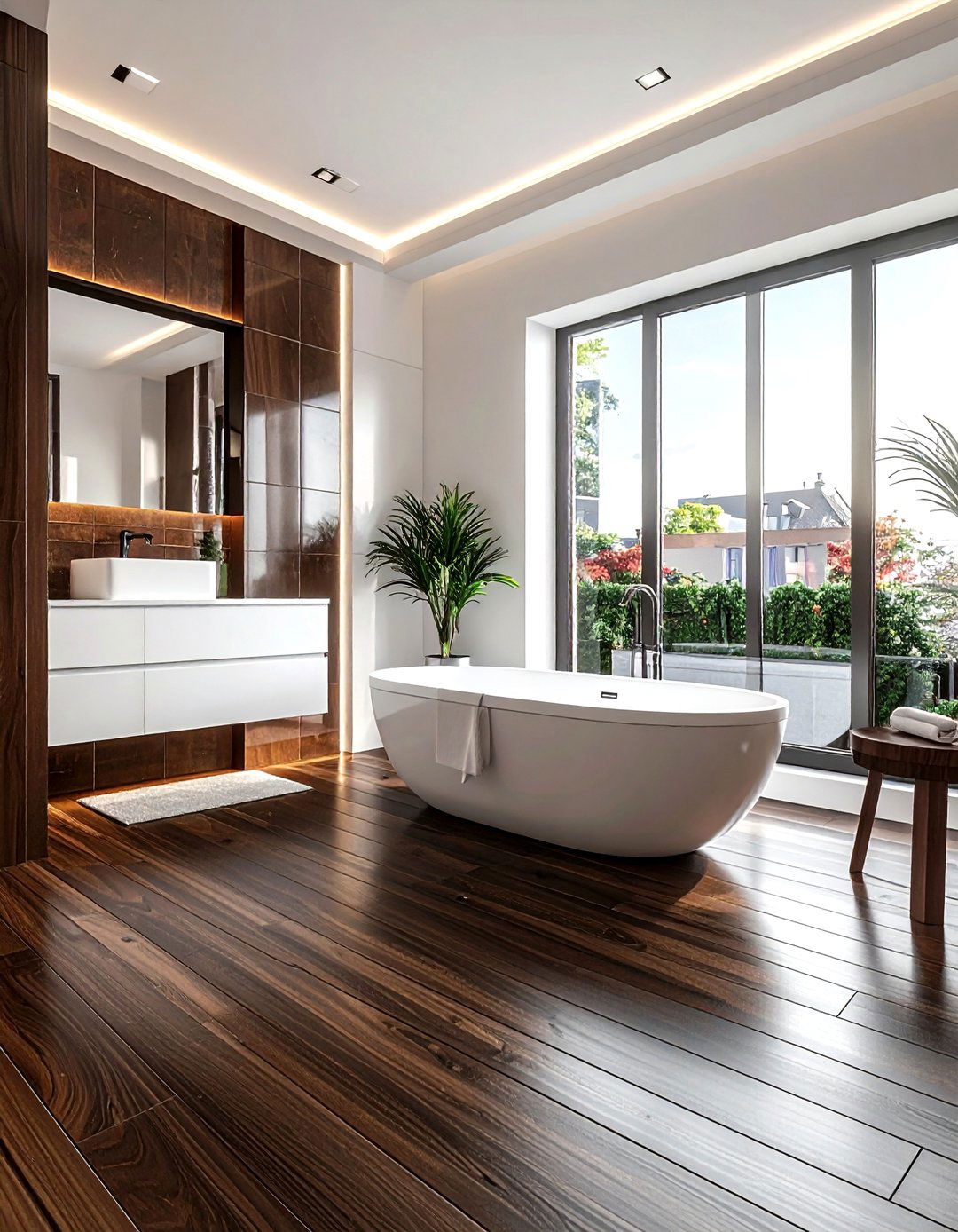 Dark wood bathroom floor - 30 brown and white bathroom ideas