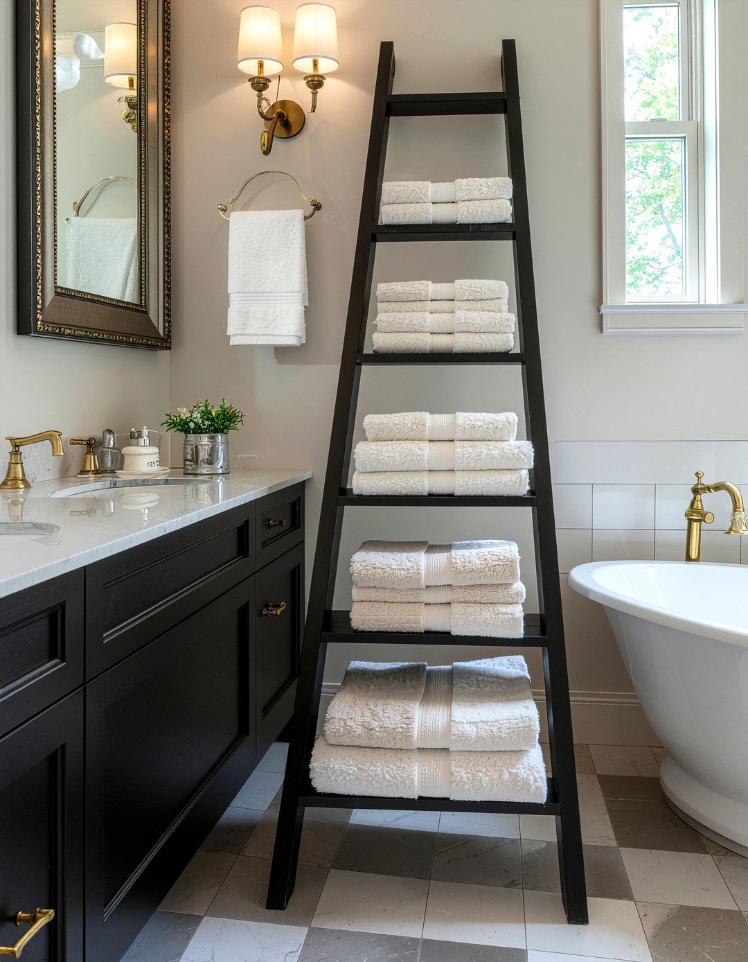 Dark wood bathroom ladder - 30 bathroom ladder shelf ideas