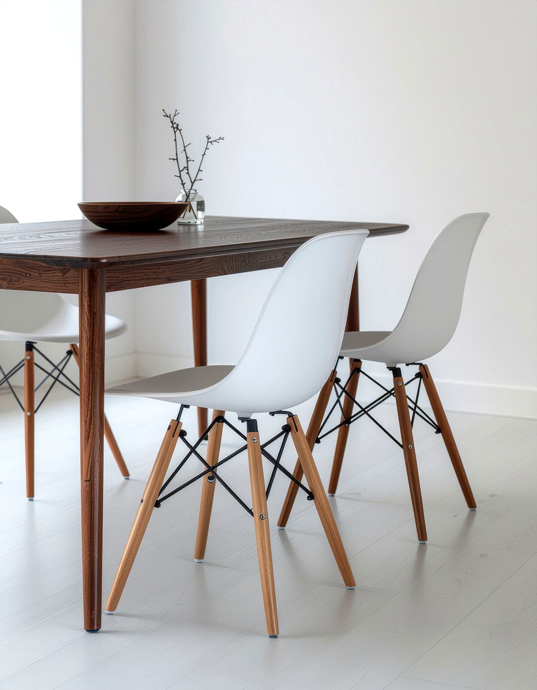 Dark wood table with white Eames chairs - 30 Eames dining chair ideas