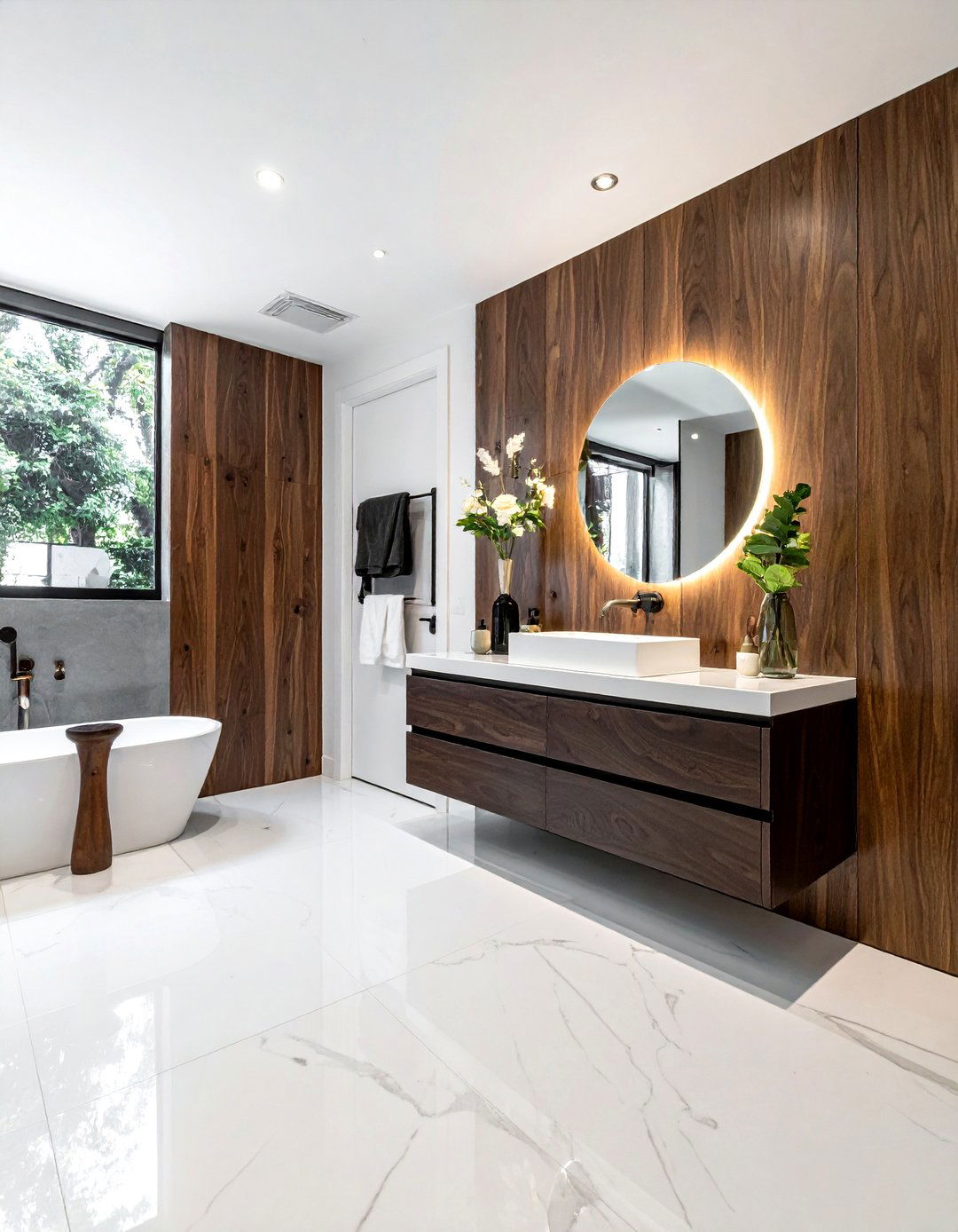 Dark wood vanity white floor - 30 white and wood bathroom ideas