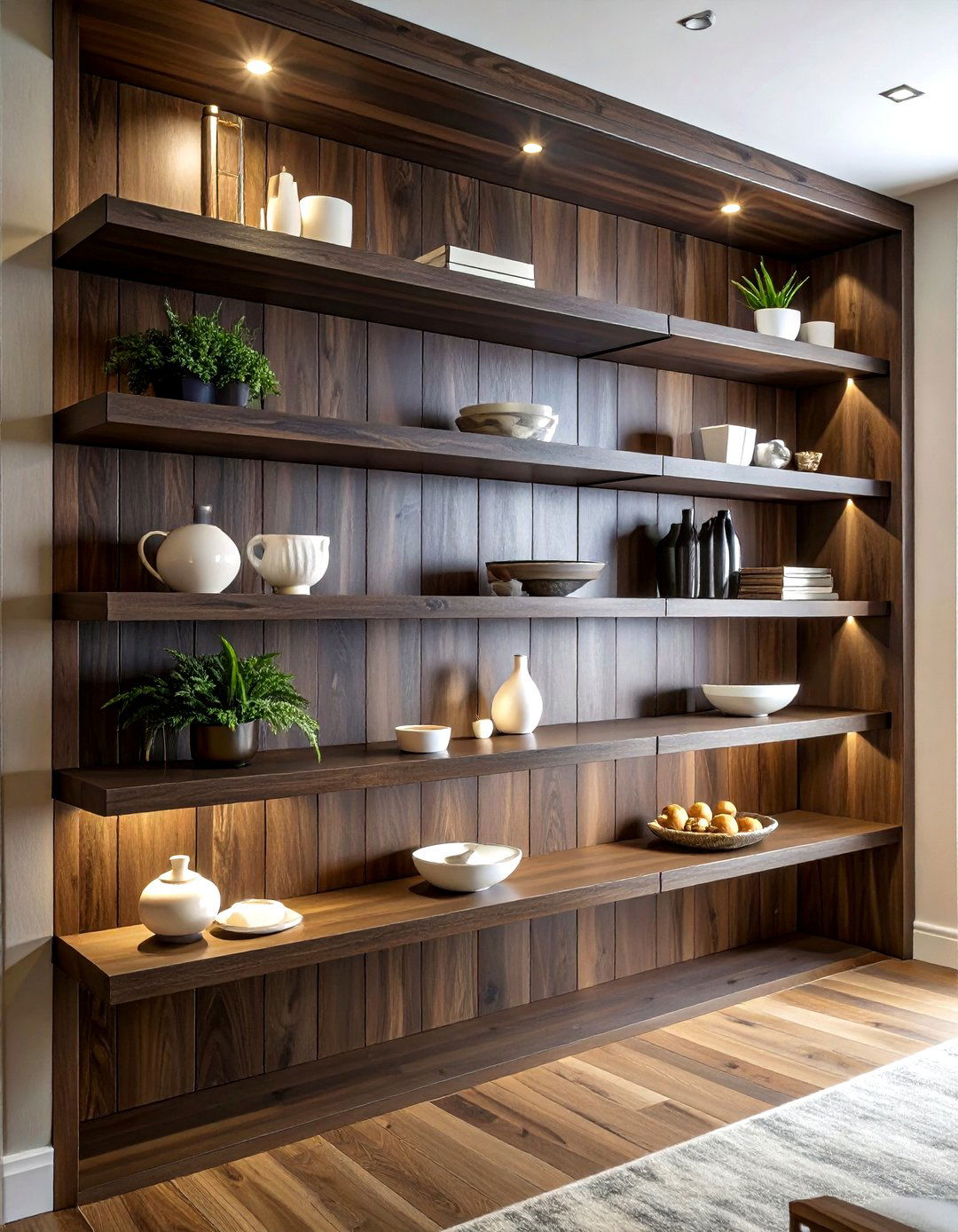 Dark wood wall shelves - 30 living room wall shelving ideas