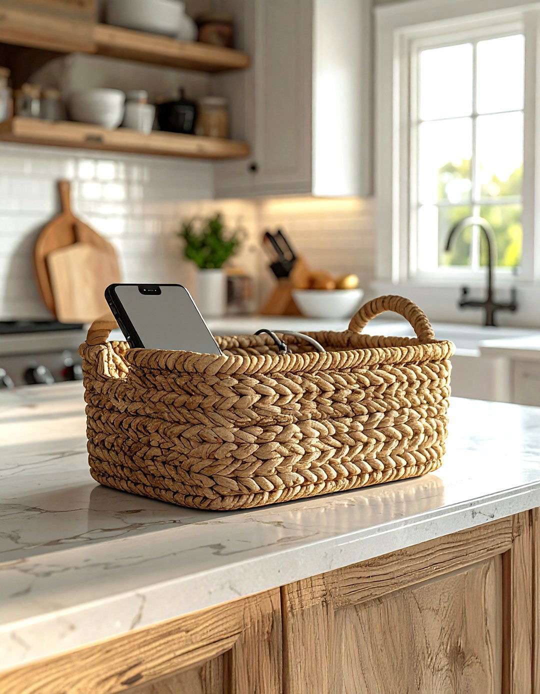 Decorative basket cord hideaway - 30 kitchen charging station ideas