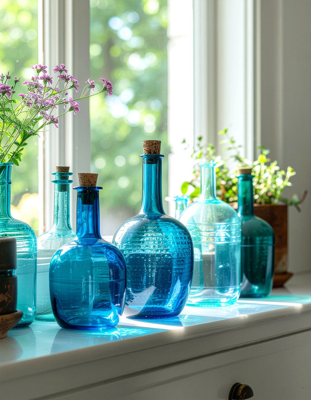 Decorative bottles on windowsill - 30 kitchen window decor ideas