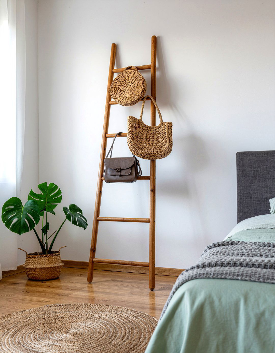 Decorative ladder for purses - 30 bedroom bag storage ideas