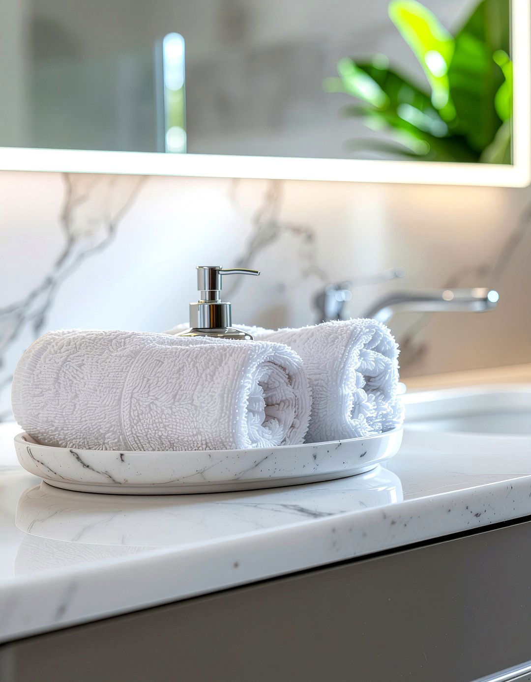 Decorative tray - 30 bathroom towel display ideas