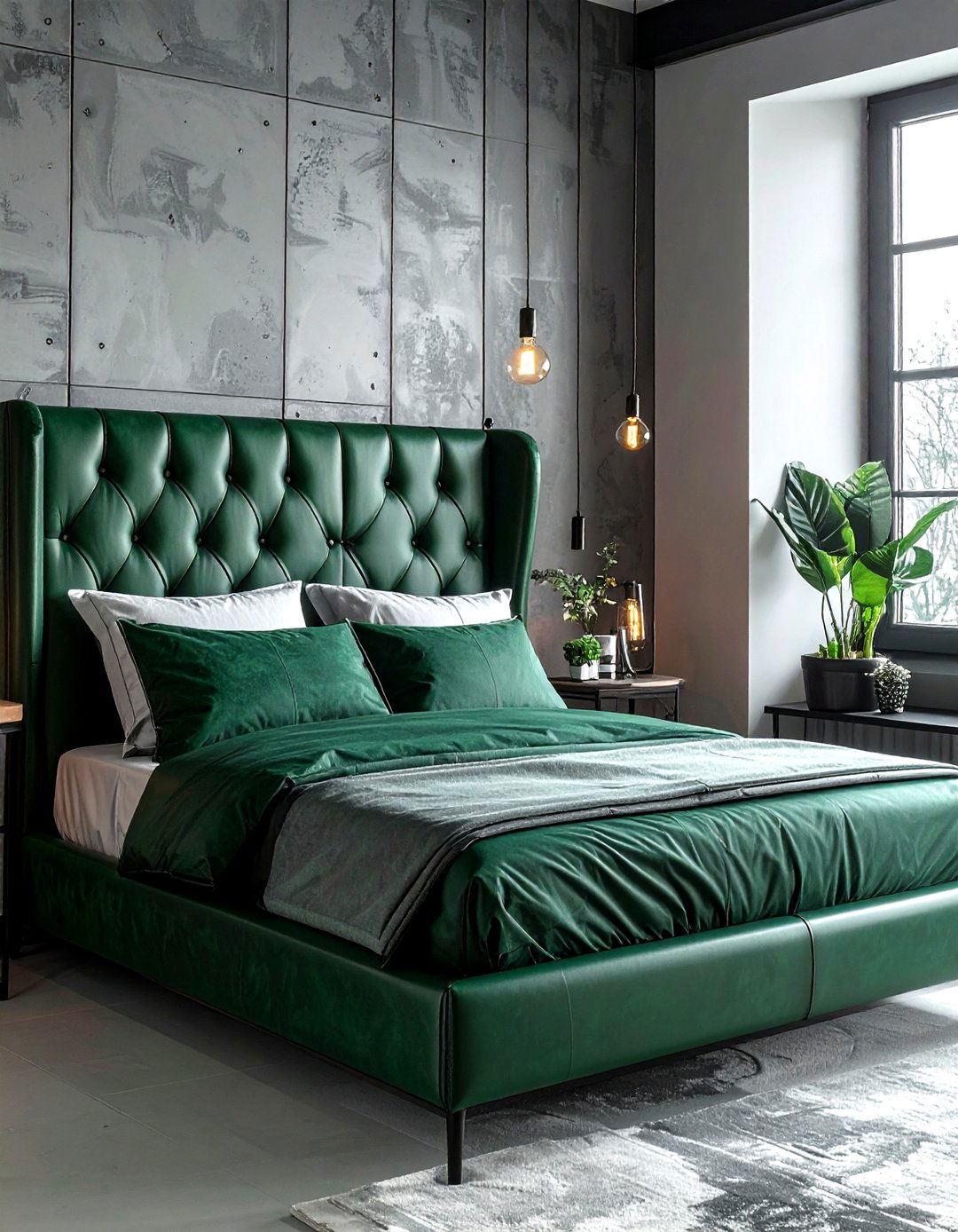 Deep Green Leather Headboard - 30 industrial green bedroom ideas