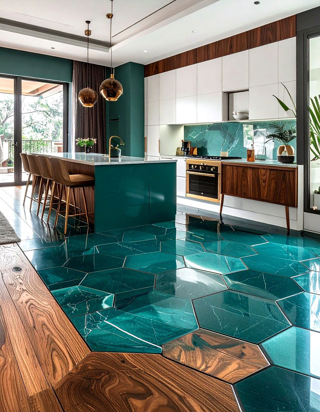 Deep Teal Hexagon Floor - 30 hexagon floor kitchen ideas