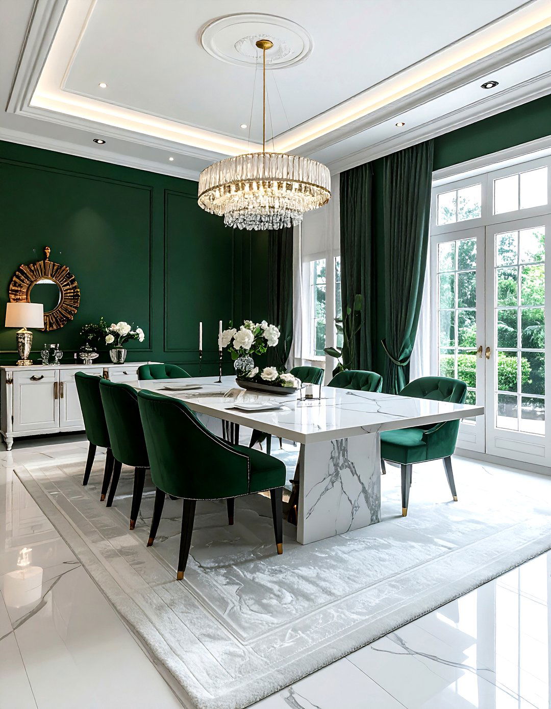 Deep green formal dining room - 30 green and white dining room ideas