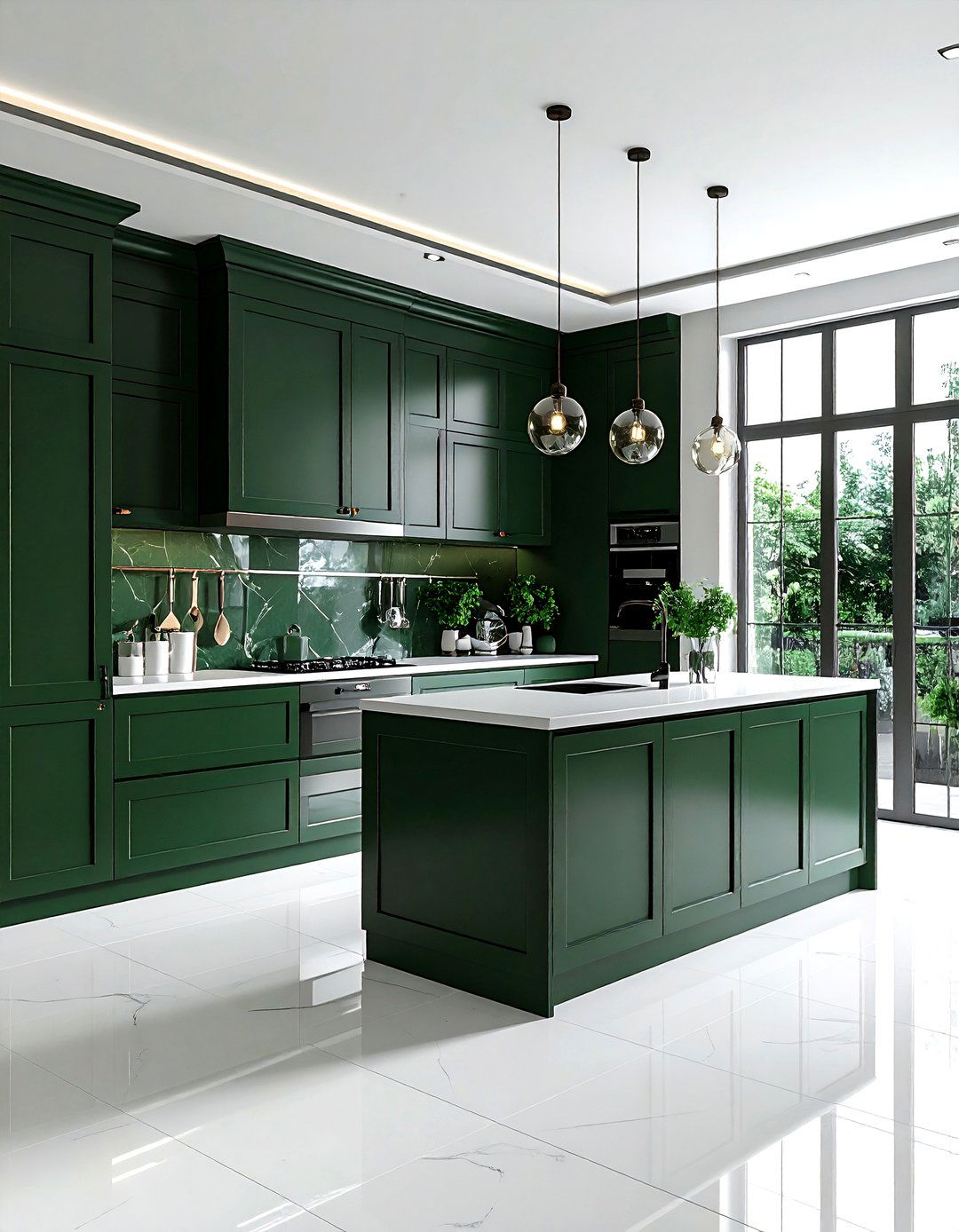 Deep green kitchen cabinets white tile floor - 30 green and white kitchen ideas