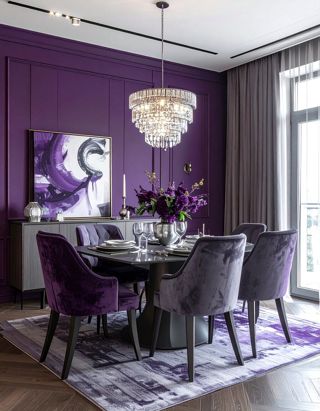 Deep purple and gray dining room - 30 two-tone dining room ideas
