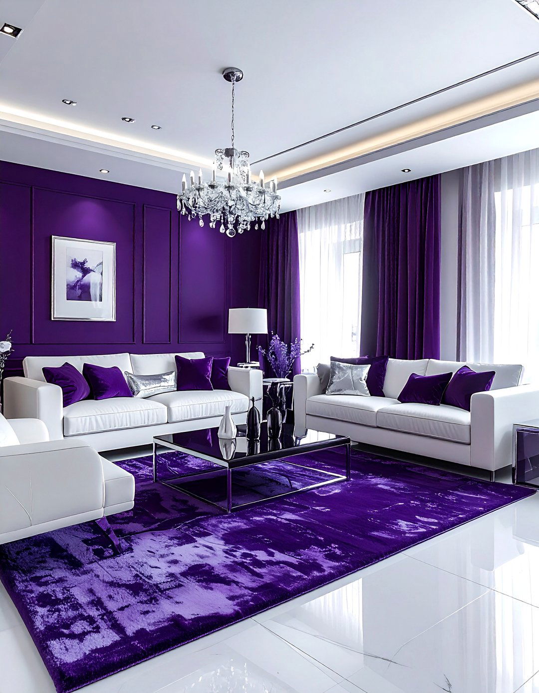 Deep purple and white contrast - 30 purple and white living room ideas