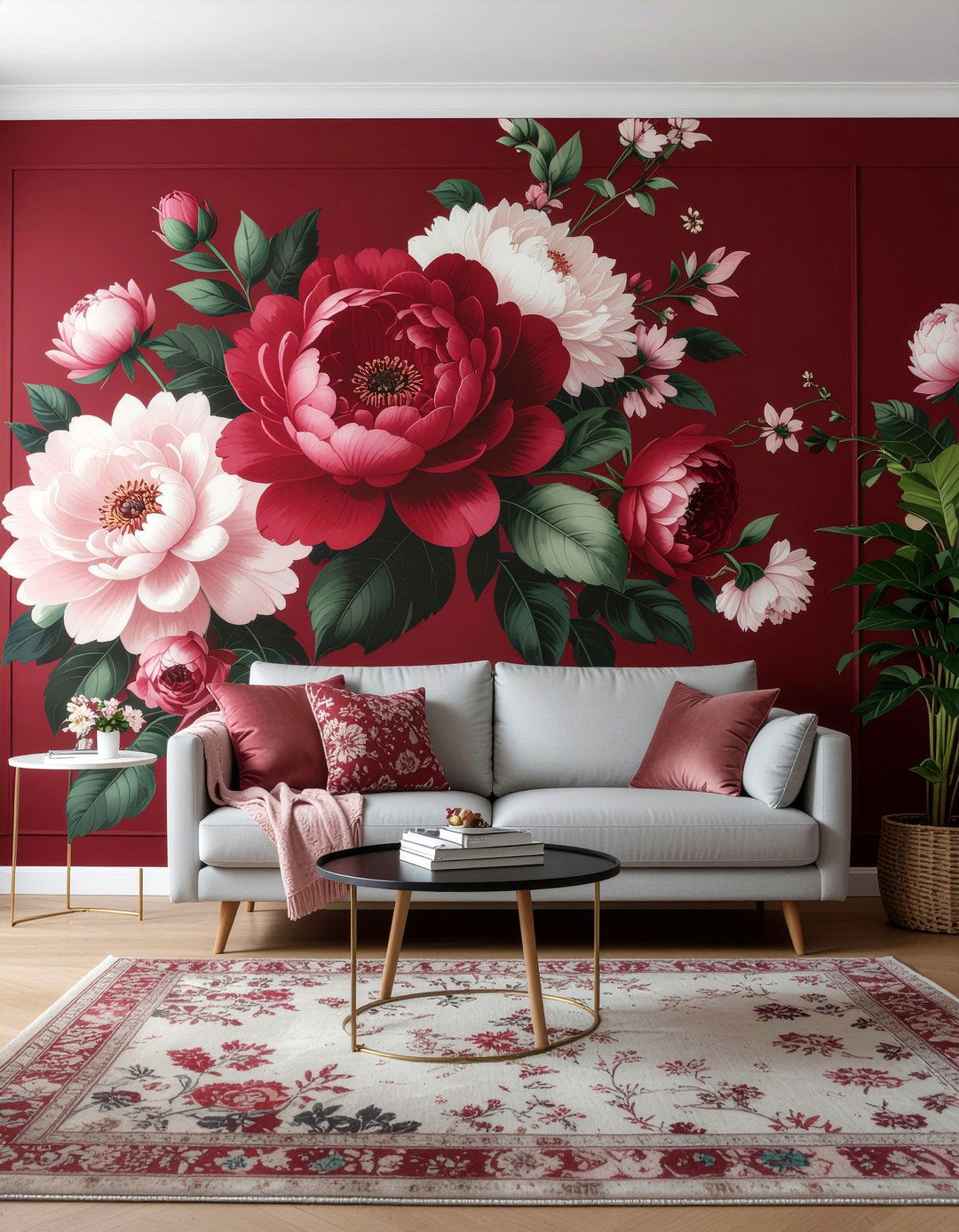 Deep red floral wallpaper - 30 berry living room ideas