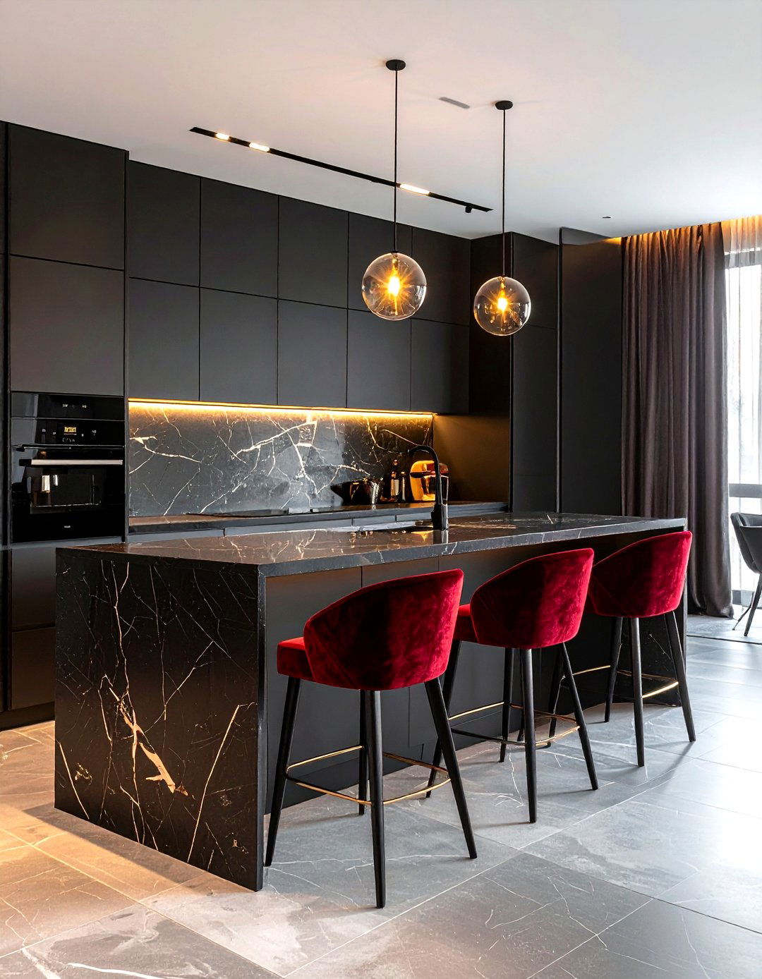 Deep red velvet accents in dark kitchen - 30 velvet kitchen ideas