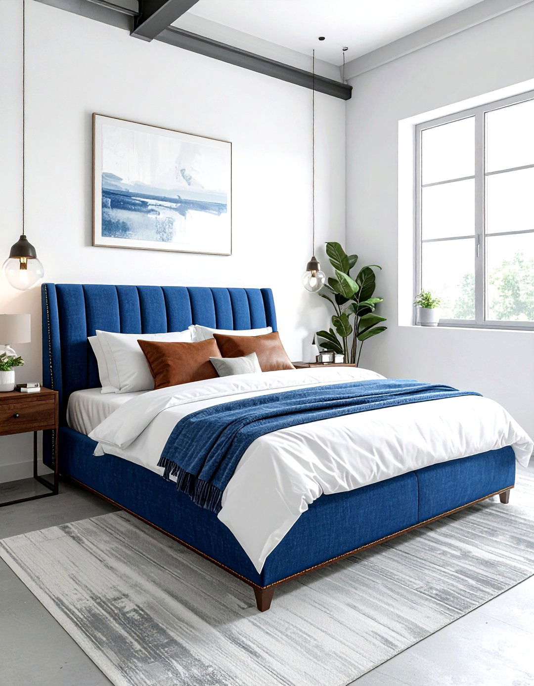 Denim Blue Upholstered Bed - 30 industrial blue bedroom ideas
