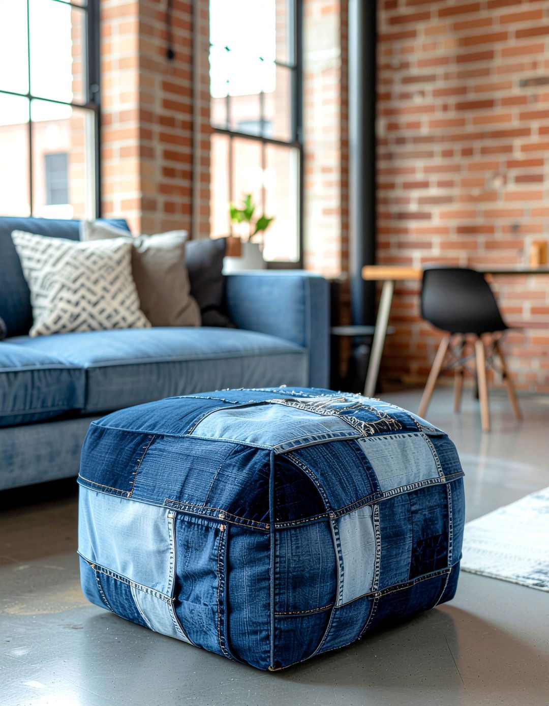 Denim Patchwork Pouf - 30 living room pouf ideas
