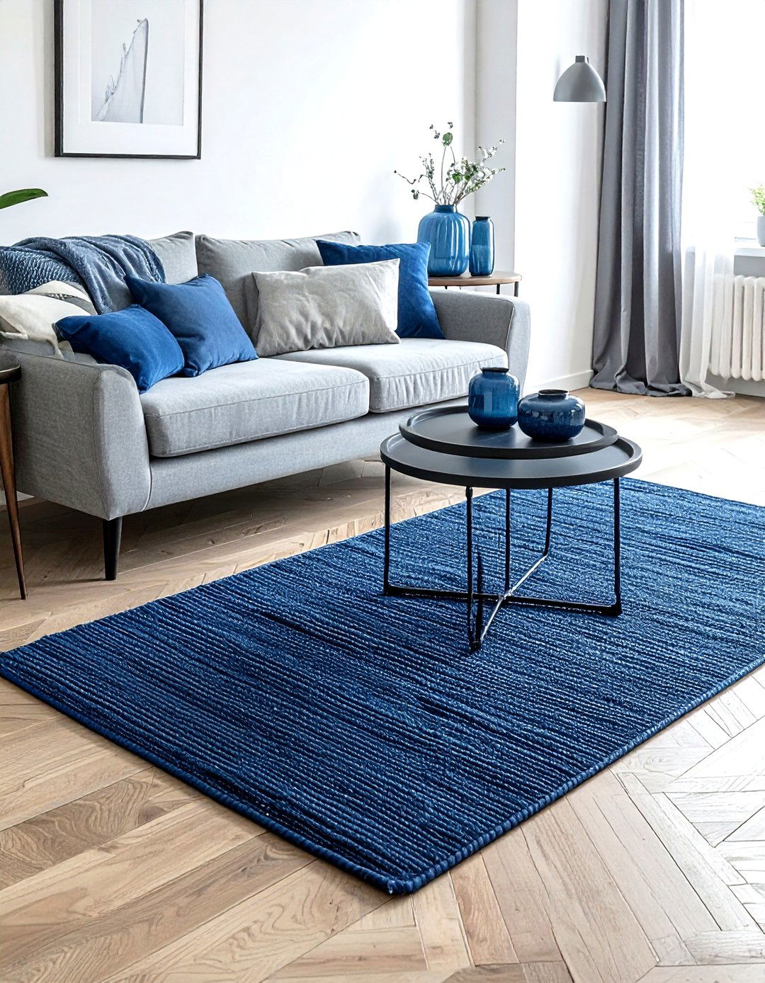 Denim blue area rug living room - 30 industrial blue living room ideas