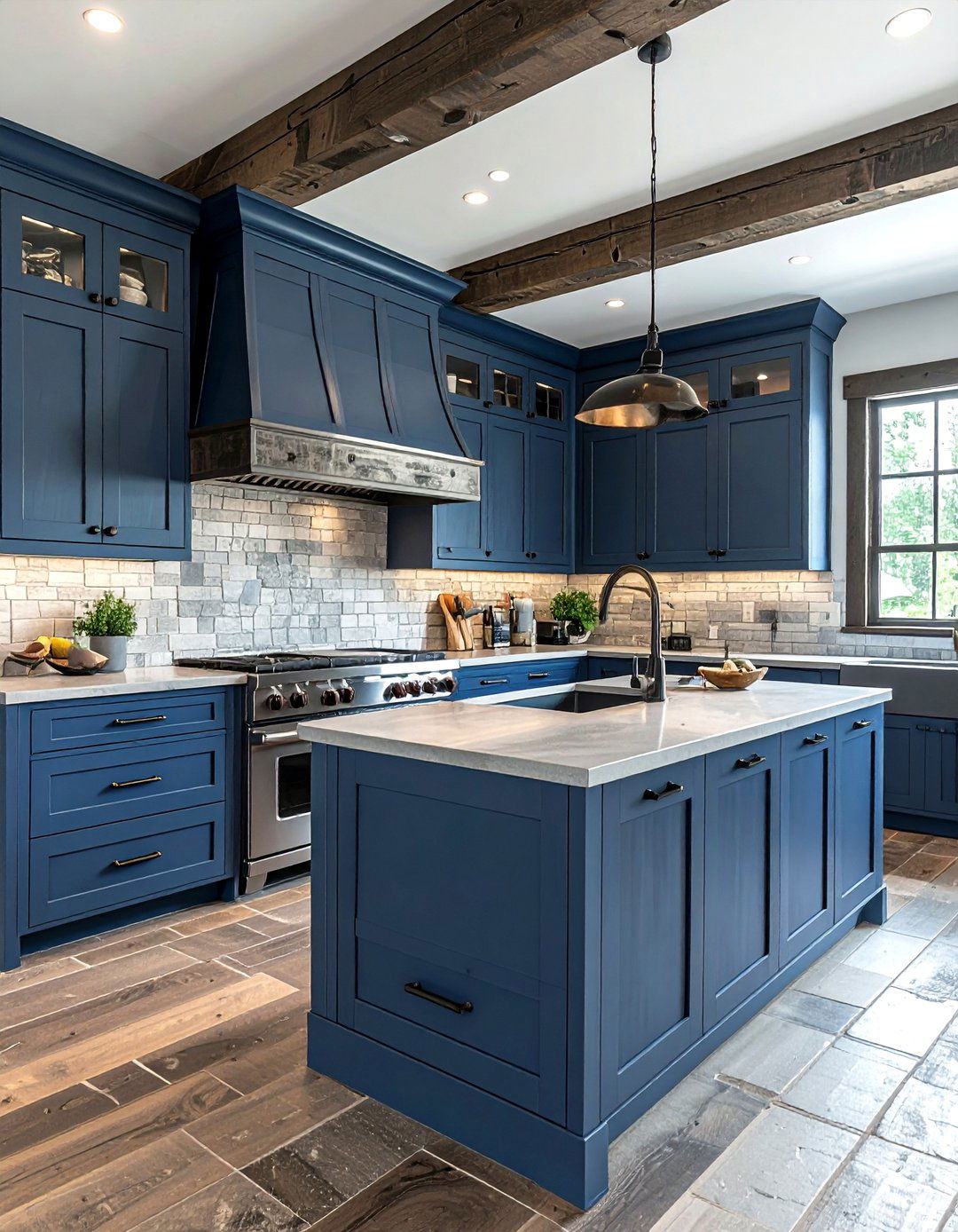 Denim blue cabinets with ash gray wood - 30 blue and gray kitchen ideas