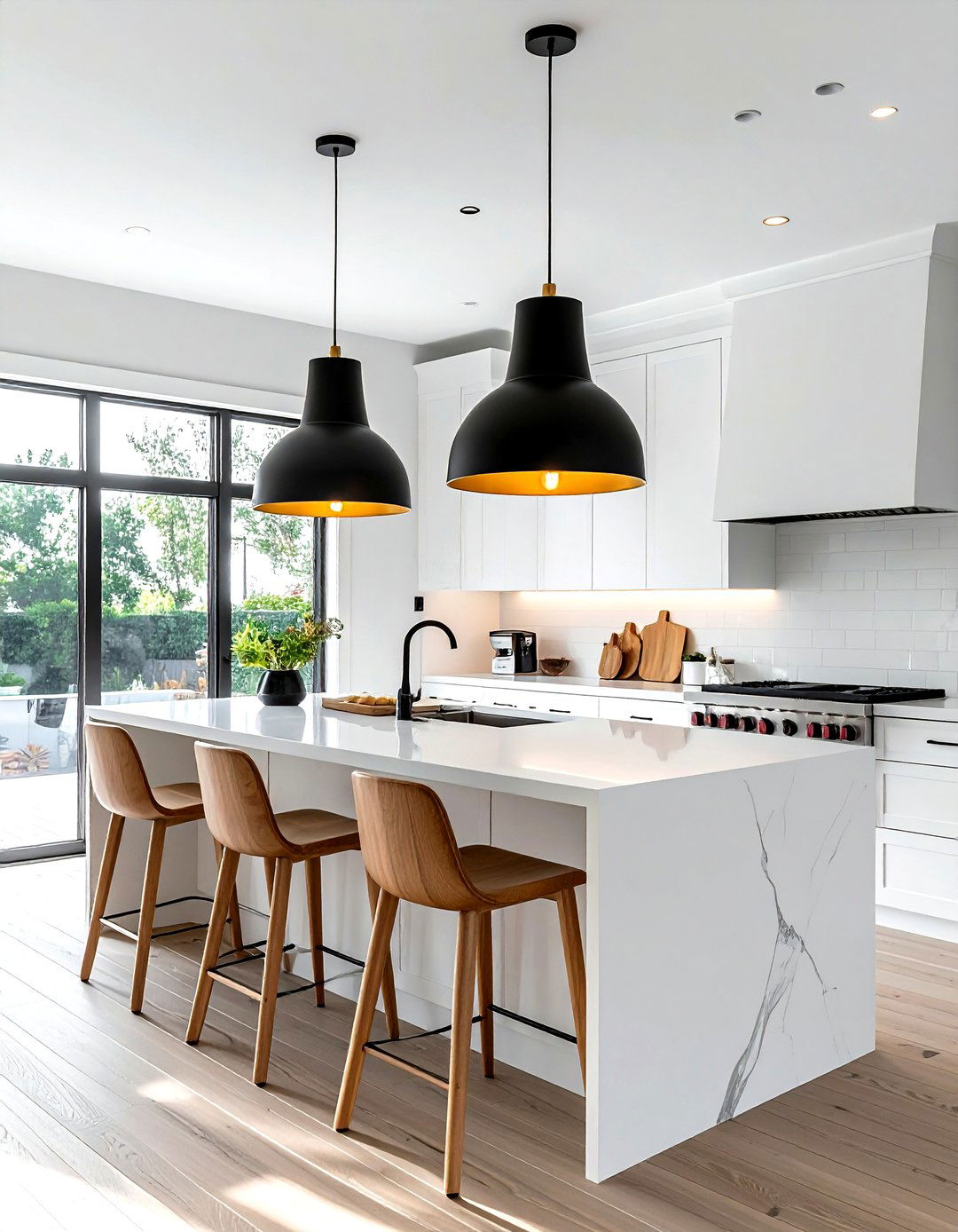 Designer pendant lights over builder grade island - 30 kitchen high-low mixing ideas