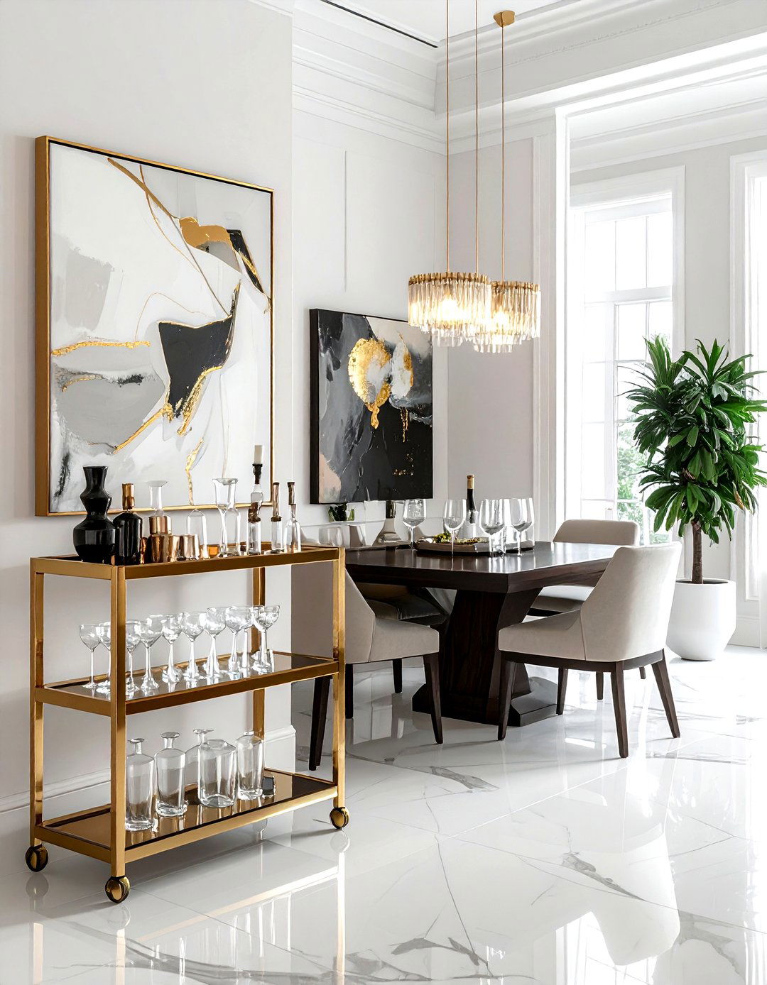 Dining room with bar cart setup - 30 dining room furniture arrangement