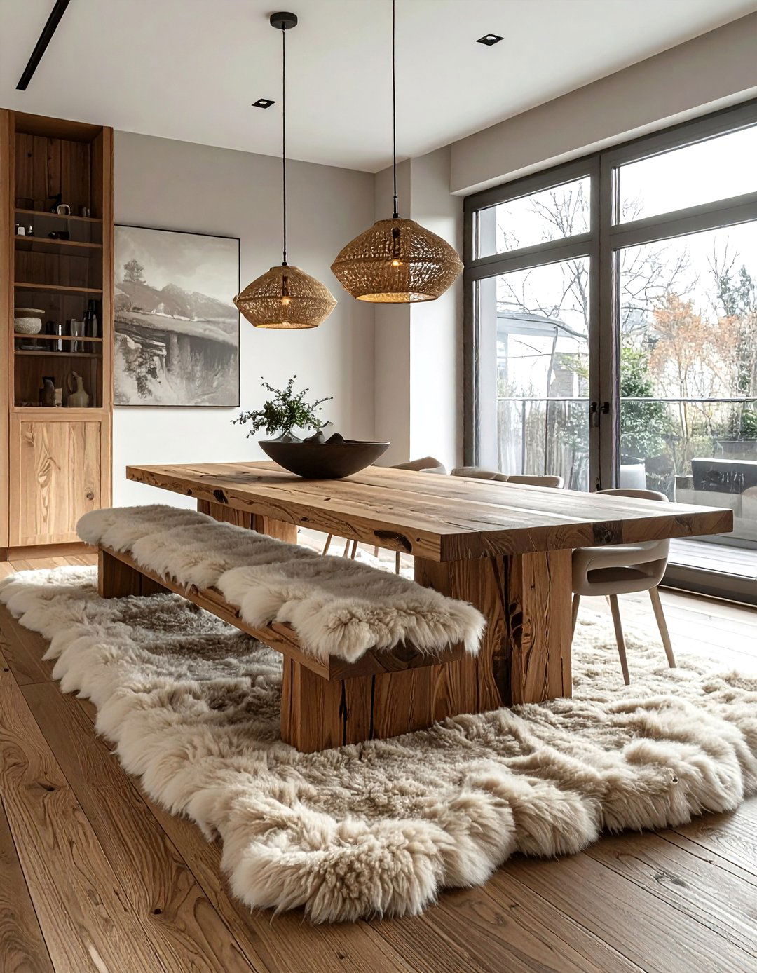 Dining room with sheepskin rug bench - 30 sheepskin rug ideas