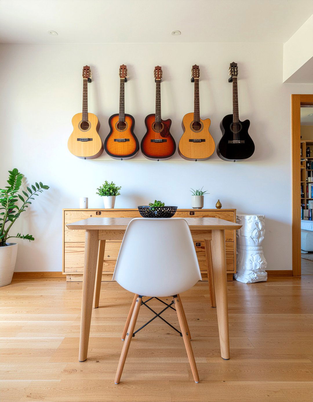 Dining room with wall mounted guitars - 30 dining room music room combo ideas